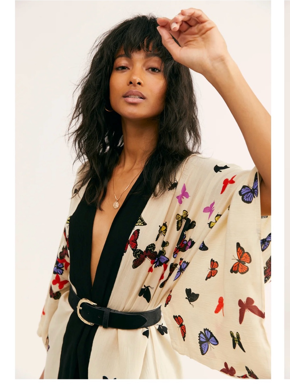 Free People Cream Butterfly Kimono Top with Black Trim